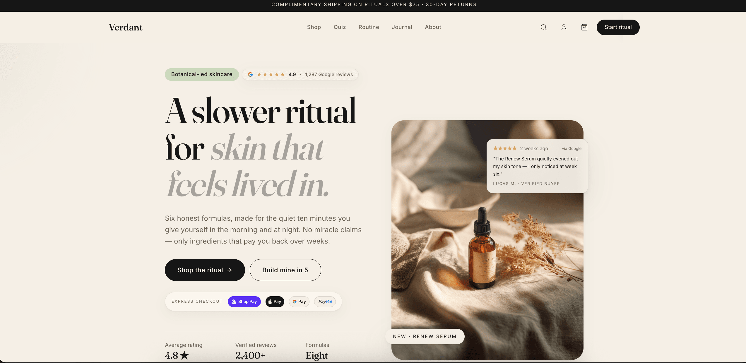 Verdant — Premium Botanical Skincare Shopify Plus — Quiz-Driven Routine Builder, Tag-Scored Personalization & Subscription Refills